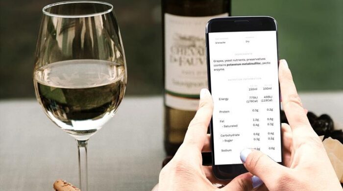 A phone scans a wine bottle, and Cellr's EU eLabel shows all the nutritional information required.